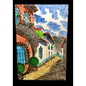Hand Painted Mexican Ceramic Tile Village Scene By A. Mejia 1999 12" x 8" Vibran